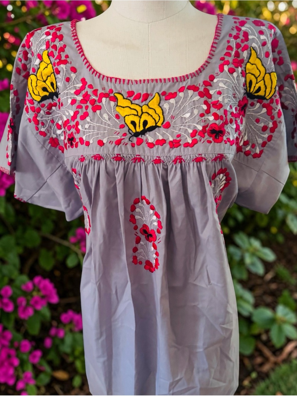 San Antonino Embroidered Gray Peasant Top with Yellow butterfly